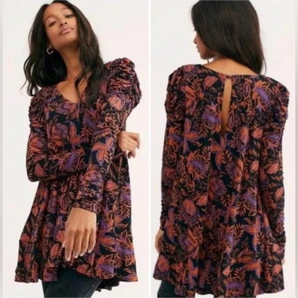 FREE PEOPLE Hello Lover Tunic Floral Mini Dress Ruched Long Sleeve Size XS - Picture 1 of 13